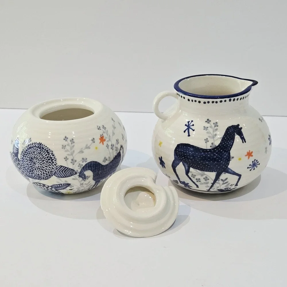 Anthropologie Saga Sugar Bowl No Spoon With Lid  Chip On The Lid & Creamer